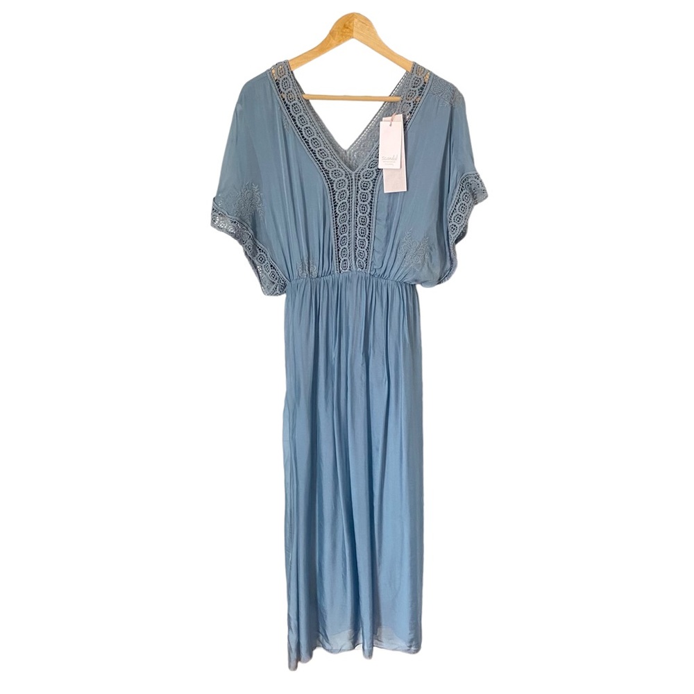 Scandal Italy Blue Silk Boho Embroidered Dress Goddess Floral Crochet Silk M